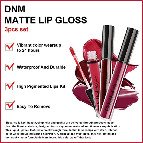 3Pcs Rose, Dark Red & Purple Matte 24-hour Liquid Lipstick Set