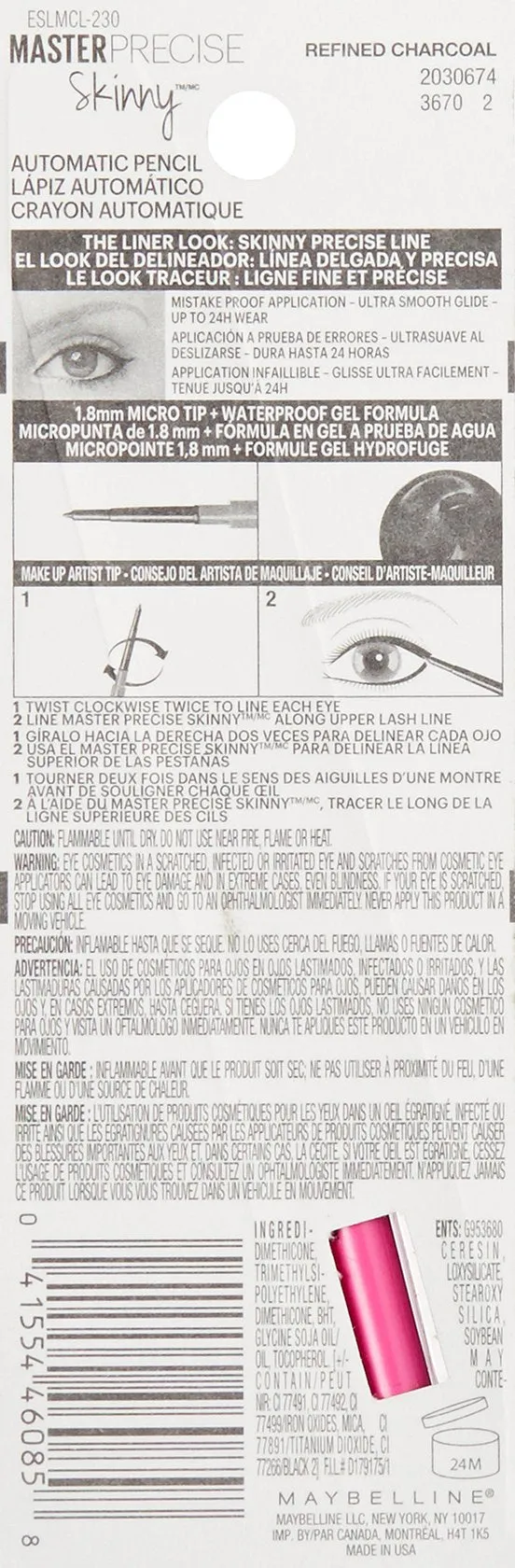 Maybelline New York Master Precise Skinny Gel Eyeliner Pencil, Refined Charcoal, 1 Count